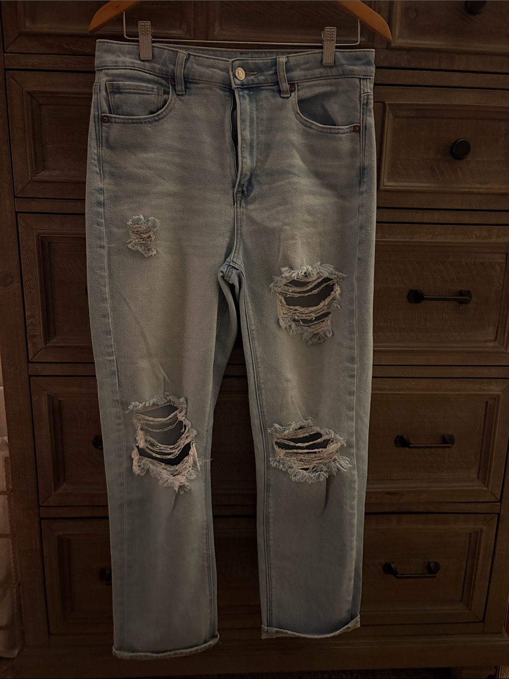 American Eagle Outfitters Light Blue Distressed Straight Leg Jeans